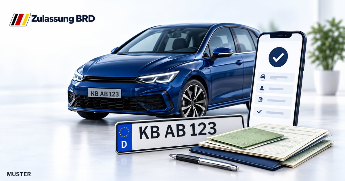 Online Fahrzeugzulassung in Bad Arolsen: Musterkennzeichen KB AB 123, Auto und Fahrzeugpapiere und Smartphone. Illustration mit Logo von Zulassung BRD.
